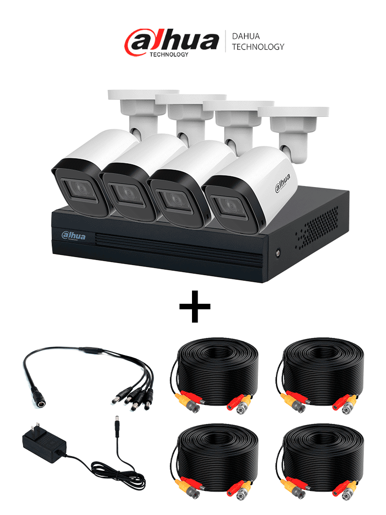 PAQXVR1B04-I+4B1A21NU0280B-DH-PFM942I-20-5 DAHUA PAQXVR1B04-I+4B1A21NU-DH-PFM942I-20-5- Paquete de 4 Canales de 2 Megapíxeles/ DVR Cooper-I WizSense con IA/ Compresión H.265+/ 4 cámaras B1A21NU028B/ 4 CH + 1 IP o hasta 5 IP/ Incluye 4 Cables DH-PFM942I-20-5/ SMD Plus y Búsqueda de Humanos y Ve
