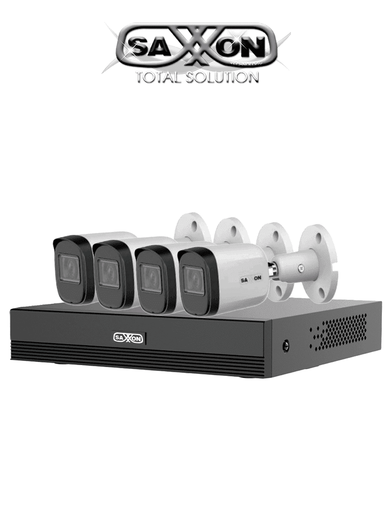 SAXXON SUA-KIT/XVR1E04-I/4-B20M-0280B - Kit de 4 Canales HDCVI 1080P/ 4 Cámaras B20M de 2.8mm con Campo de Visión de Hasta 100°/ Grabador Soporta Hasta 5 Canales IP y Detección de Movimiento Inteligente/  Cámaras Fabricadas en Metal de Alta Duración #GSA
