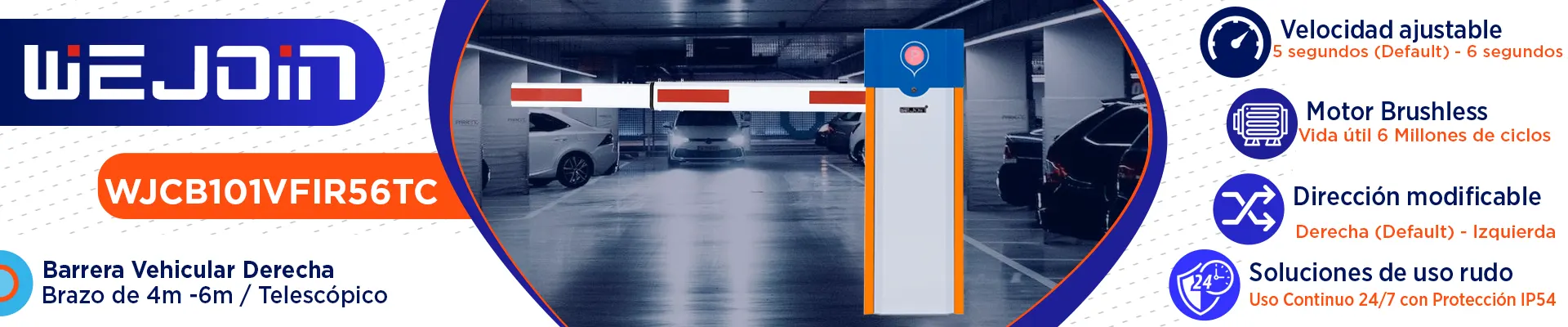 Barrera Vehicular Derecha Brazo 4 6mts Telesc%C3%B3pico 24VDC 5segundos Descripci%C3%B3n WJCB101VFIR56TC WEJOIN