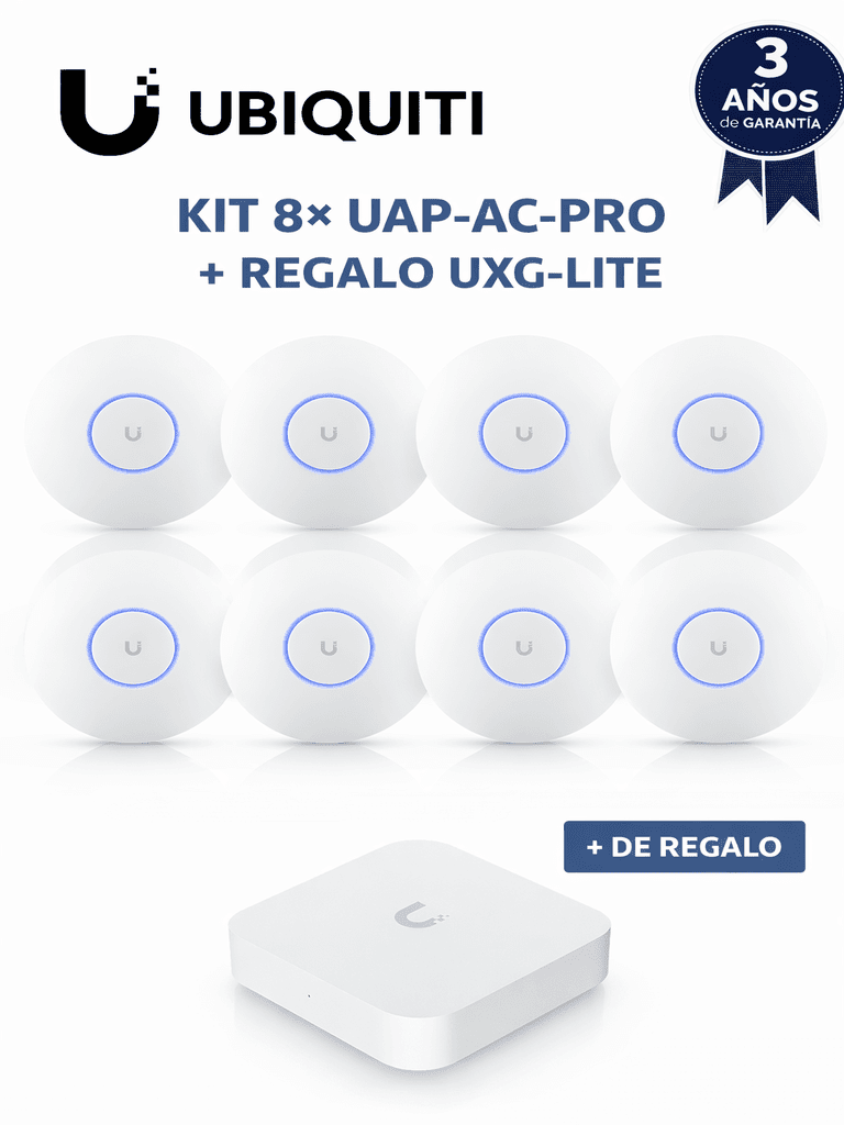 UBIQUITI KIT 8 UAP-AC-PRO REGALO UXG-LITE Paquete de 8 puntos de acceso UAP-AC-PRO de doble banda con MU-MIMO y PoE para cobertura Wi-Fi de alta densidad. Incluye de regalo el UXG-Lite para seguridad routing y gestión centralizada. - Código: KIT 8× UAP-AC-PRO + REGALO UXG-LITE | Compra en Guadalajara