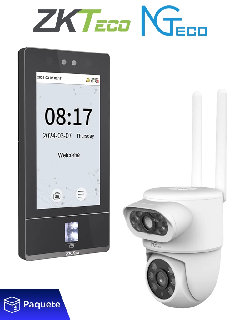 ZKTECO PAQSF7ANGNGSH01C8 Paquete de Terminal de Control de Acceso y Asistencia Facial ZKTeco SenseFace 7A con Cámara PTZ WiFi 4 MP NGTeco NGSH01C8AN