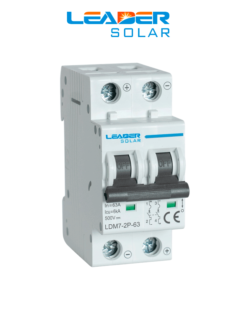 LEADER LDM7-2P-63 32A DC - Interruptor Automático Corriente Directa 2 Polos 32 Amp / 500 VDC / Estándar IEC / Protección con sistema de disparo termom...