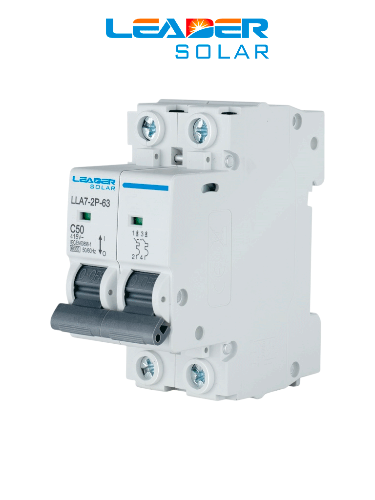 LEADER LLA7-2P-63 63A AC - Interruptor Automático corriente alterna 2 Polos 63 Amp/Tensión Nominal 220 - 415 VAC/50 - 60 Hz / Estándar IEC / Protección con sistema de disparo termomagnético / Montaje riel Din / Protección IP20 / -5 C A 40C - Código: LLA7-2P-63 (63A) | Compra en Guadalajara