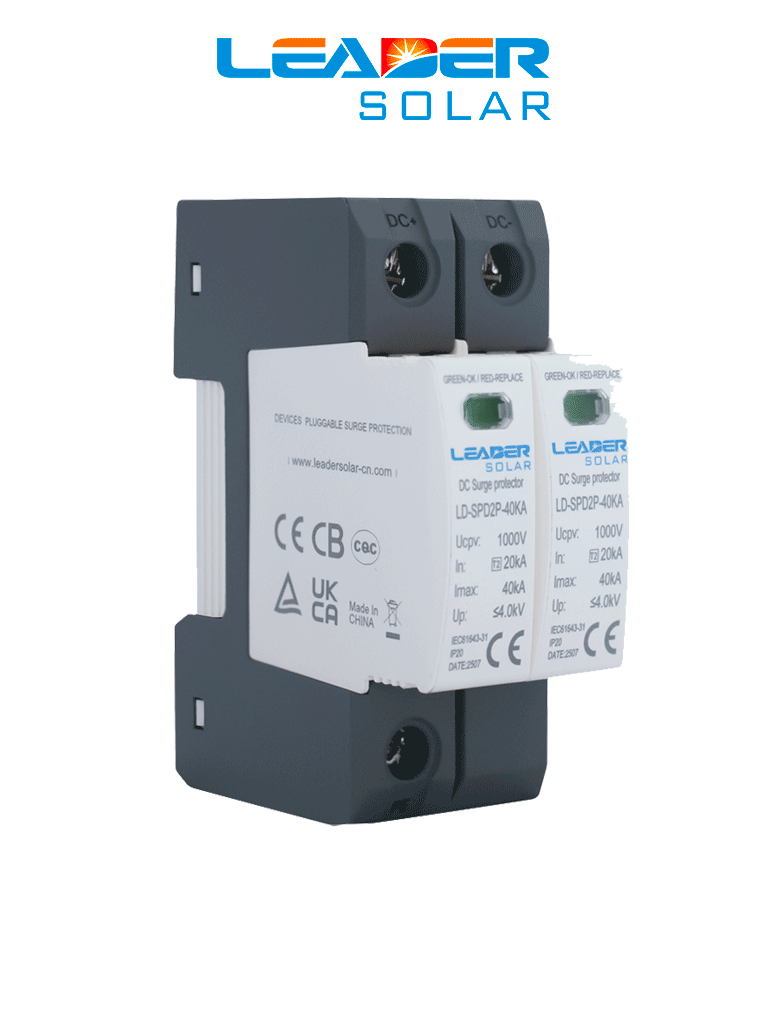 LEADER Protector de Descargas Atmosféricas 2 Polos 1000 Vcc - SPD de corriente continua diseñado para sistemas fotovoltaicos 40 kA 2 Polos / Montaje en riel Din / -40 C a 80C - Código: LD-SPD-40kA-2P-1000V | Compra en Guadalajara