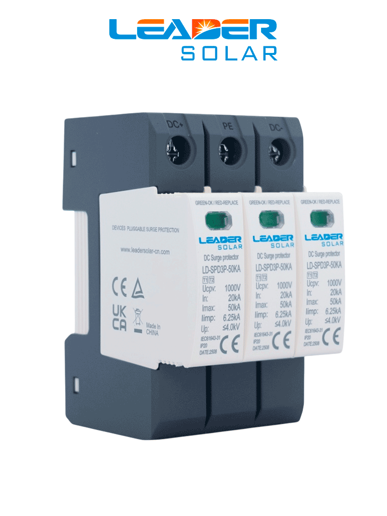 LEADER Protector de Descargas Atmosféricas 3 Polos 1000 Vcc - SPD de corriente continua diseñado para sistemas fotovoltaicos 40 kA 3 Polos / Montaje e...