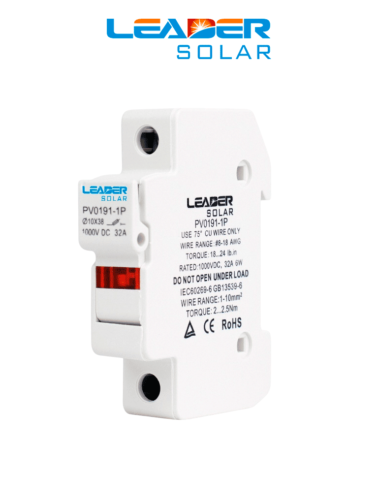 LEADER Portafusible Fotovoltaico PV0191-1P / 1000 VDC / 32 A / Montaje en riel DIN / Compatible con fusibles 10x38 mm / temperatura de -5C a 40C