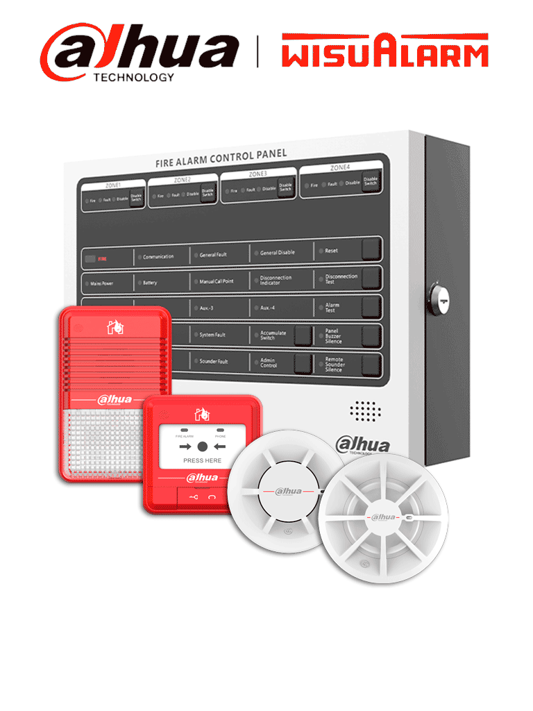 DAHUA WISUALARM PAQUETE CONVENCIONAL 4 ZONAS - El paquete incluye un panel convencional de 4 zonas detector de humo detector de calor estación manual...