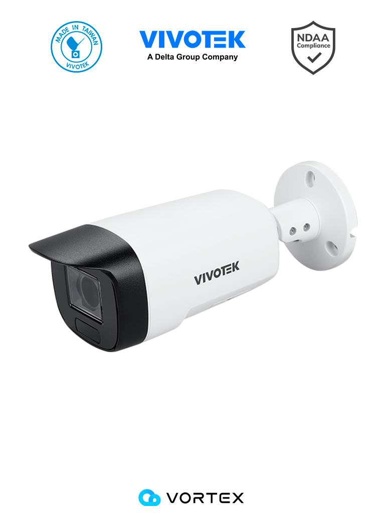 VIVOTEK VORTEX IB939-EHTV(1YL) - Cámara IP VORTEX Premium Series Bullet exterior 8MP, Lente varifocal 4.3-9.8mm, Micrófono integrado, Salida de Audio, Entrada de Audio, DIx1, DOx1, Luz IR 40mts, WDR Pro, IP67, IK10, NDAA, Almacenamiento interno 512GB