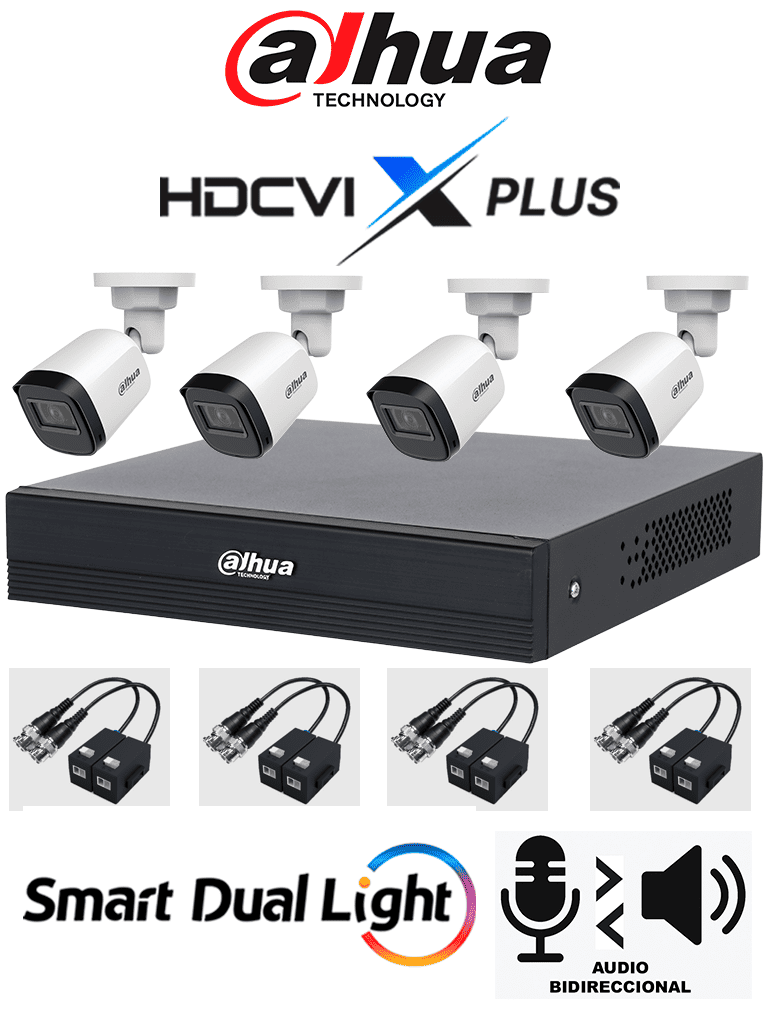 DAHUA DH-KIT/XVR1B04-I/T/4-B1A21N-U-0280B/Balun - Kit 4 Canales Cámaras B1A21N-U de 2 MP DVR XVR1B04-I/T Soporta Audio Bidireccional Lente 2.8mm Visión de 93. Soporta 4 Canales más 1 IP o 5 Canales IP SMD Plus Incl. Transceptores - Código: DH-KIT/XVR1B04-I/T/4-B1A21N-U-0280B/Balun | Compra en Guadalajara
