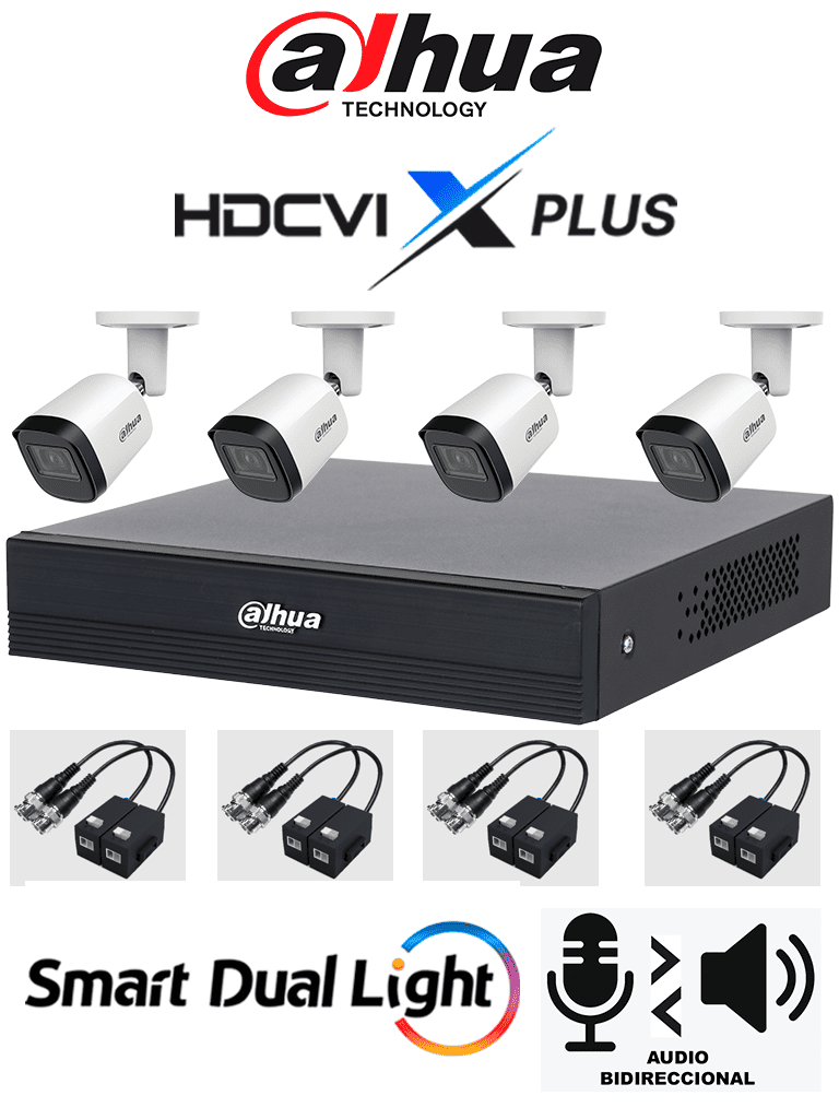DAHUA DH-KIT/XVR1B04-I/T/4-B2A21N-U-0280B/Balun - Kit 4 Canales Cámaras B2A21N-U de 2 MP DVR XVR1B04-I/T Soporta Audio Bidireccional Lente 2.8mm Visión de 93. Soporta 4 Canales más 1 IP o 5 Canales IP SMD Plus Incl. Transceptores - Código: DH-KIT/XVR1B04-I/T/4-B2A21N-U-0280B/Balun | Compra en Guadalajara