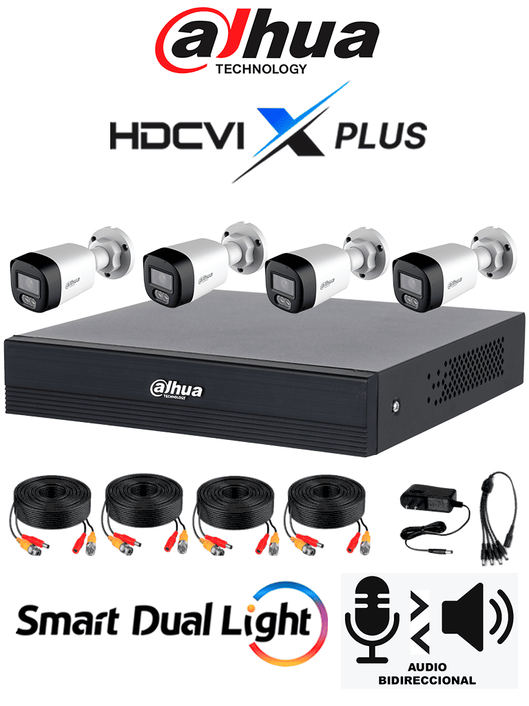 DAHUA DH-KIT/XVR1B04-I/T/4-HAC-HFW1200RLN-IL-T- Kit de 4 Canales Iluminador Dual 2 MP con Audio y DVR Cooper-I WizSense. Incluye 4 cámaras Iluminador dual 2 MP con micrófono integrado. Sistema de 4 canales más 1 IP y 4 SMD Plus. Incluye accesorios - Código: DH-KIT/XVR1B04-I/T/4-HAC-HFW1200RLN-IL-T | Compra en Guadalajara