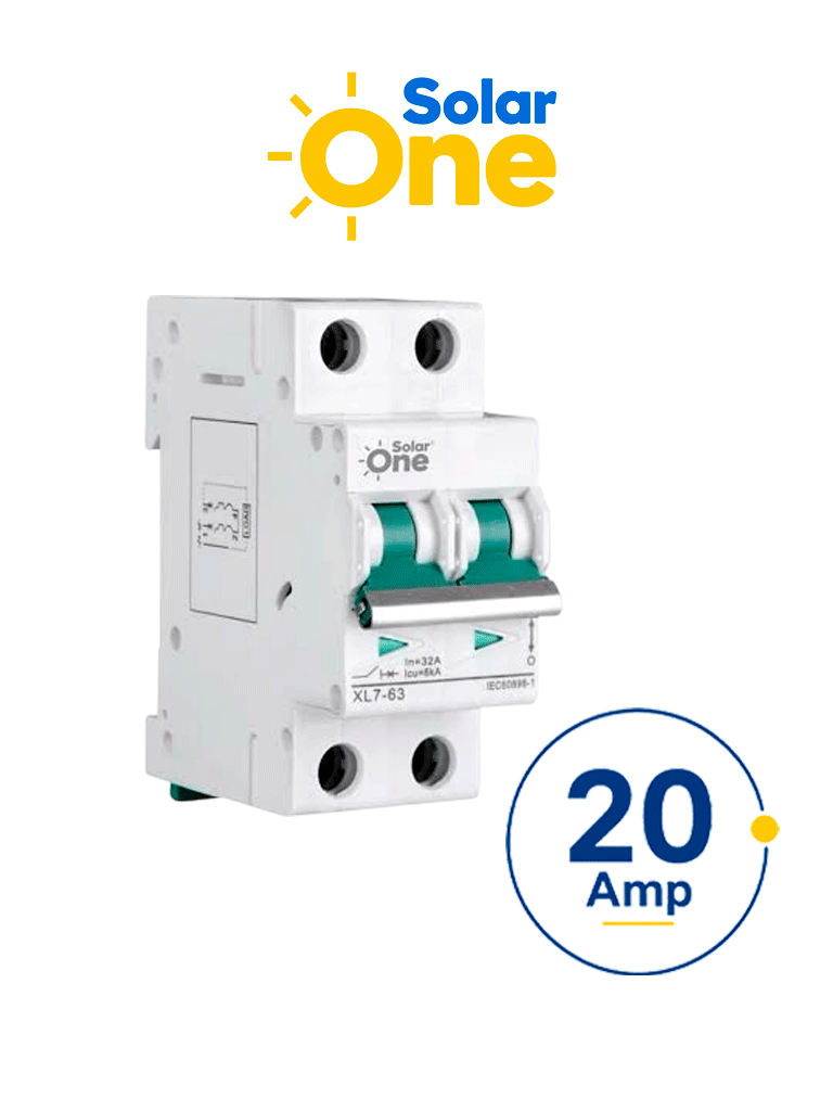 Interruptor termomagnético de corriente Directa 2 Polos 20 Amp / 1000 VDC  / Estándar UL / Protección con sistema de disparo termomagnético / Montaje riel Din / Protección IP20