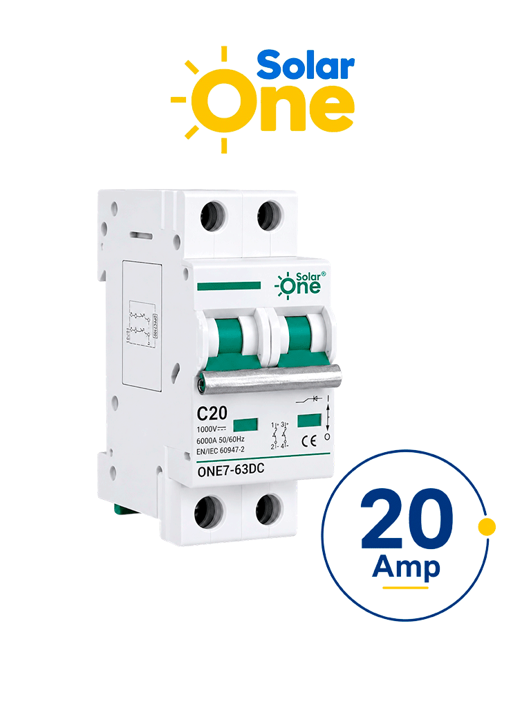 Interruptor termomagnético de corriente Directa 2 Polos 20 Amp / 1000 VDC  / Est