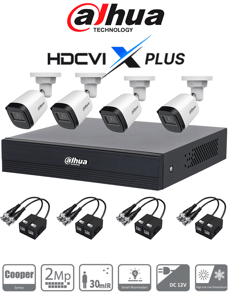 Kit 4 Canales Cámaras B1A21N-U de 2 MP, DVR XVR1B04-I/T Soporta Audio Bidireccional, Lente 2.8mm, Visión de 93°. Soporta 4 Canales más 1 IP o 5 Canales IP, SMD Plus, Incl. Transceptores