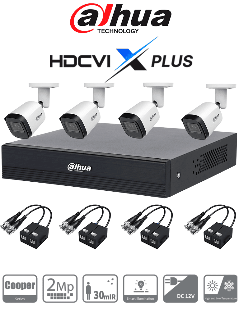Kit 4 Canales Cámaras B2A21N-U de 2 MP, DVR XVR1B04-I/T Soporta Audio Bidireccional, Lente 2.8mm, Visión de 93°. Soporta 4 Canales más 1 IP o 5 Canales IP, SMD Plus, Incl. Transceptores