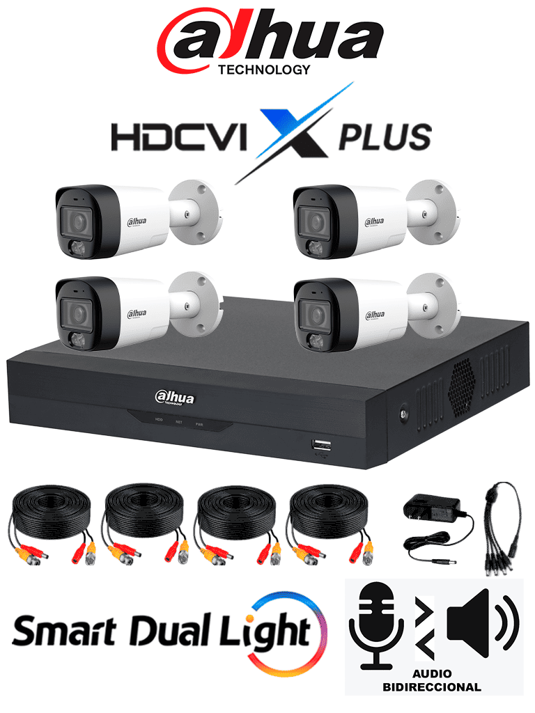 DAHUA DH-KIT/XVR5104HS-4KL-I3/T/4-HFW1500RMN-IL-T- Kit de Vigilancia de 4 canales 5 MP/ Iluminador Dual y Audio Bidireccional Integrados/y DVR WizSense y Reconocimiento Facial/ Soporta 4 canales 4 IP o hasta 8 IP/ 4 canales SMD Plus para Búsquedas - Código: DH-KIT/XVR5104HS-4KL-I3/T/4-HFW1500RMN-IL-T | Compra en Guadalajara