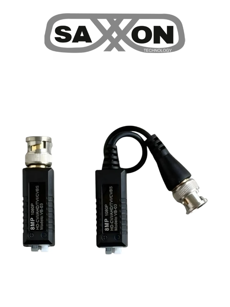 SAXXON VB-03 Par de transceptores pasivos (Video Baluns) soporta 8MP 4k a 150m, 4MP a 200m, 1080p a 250m, 720p a 300m en CVI. Compatible con HDCVI, TVI, AHD y CVBS. Incluye 1 terminal Push para fácil conexión