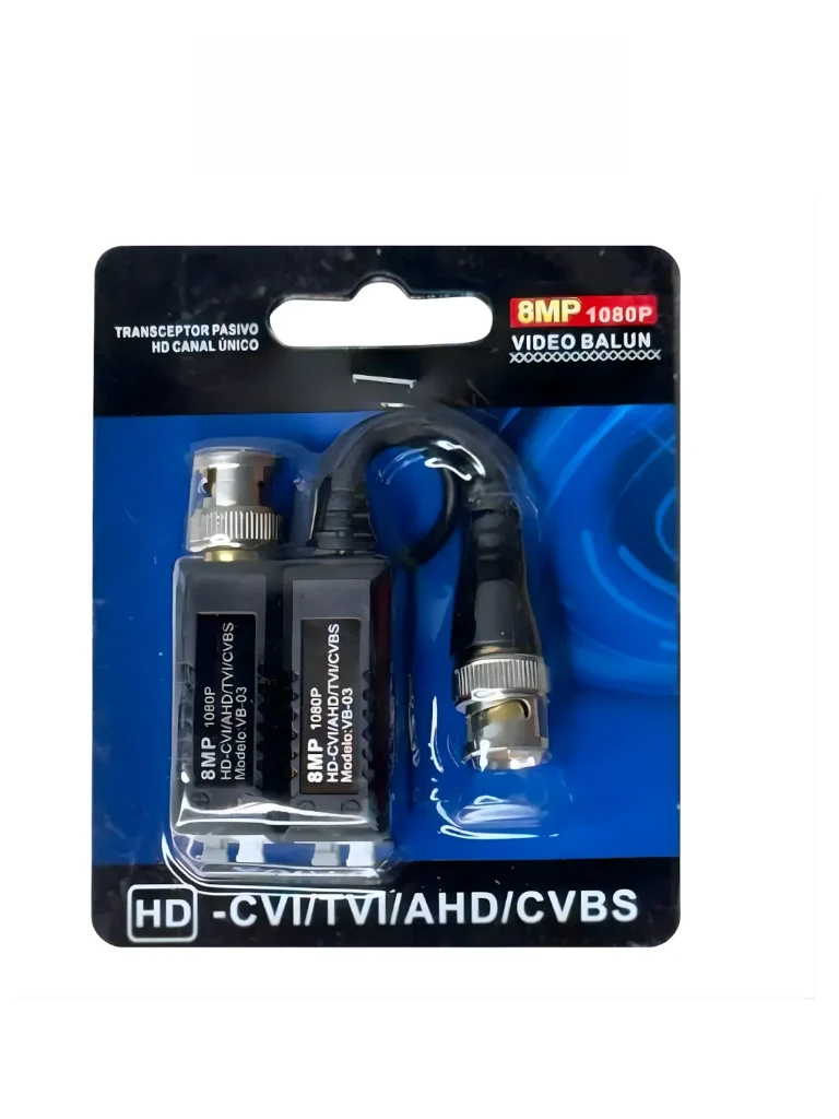 SAXXON VB-03 Par de transceptores pasivos (Video Baluns) soporta 8MP 4k a 150m, 4MP a 200m, 1080p a 250m, 720p a 300m en CVI. Compatible con HDCVI, TVI, AHD y CVBS. Incluye 1 terminal Push para fácil conexión