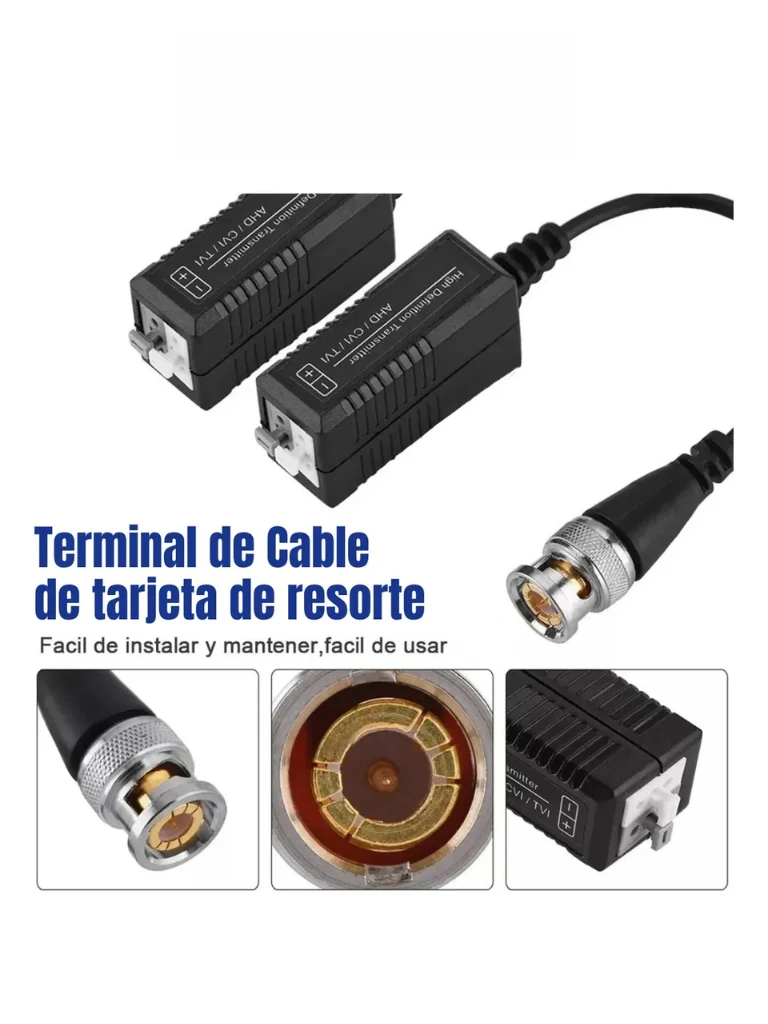 SAXXON VB-03 Par de transceptores pasivos (Video Baluns) soporta 8MP 4k a 150m, 4MP a 200m, 1080p a 250m, 720p a 300m en CVI. Compatible con HDCVI, TVI, AHD y CVBS. Incluye 1 terminal Push para fácil conexión