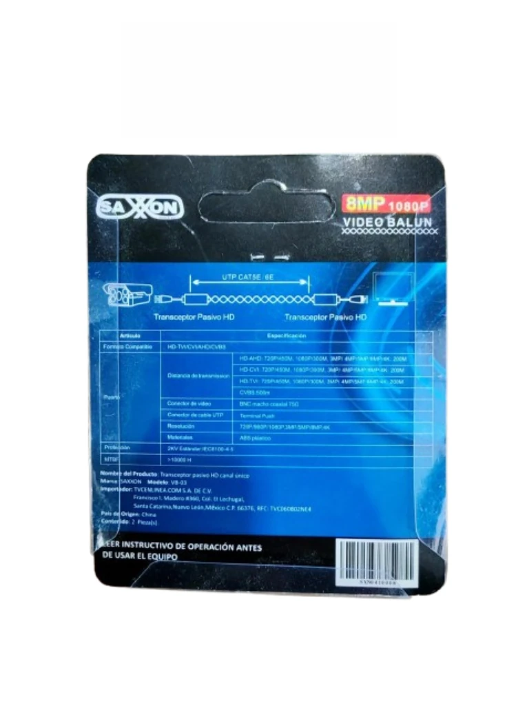 SAXXON VB-03 Par de transceptores pasivos (Video Baluns) soporta 8MP 4k a 150m, 4MP a 200m, 1080p a 250m, 720p a 300m en CVI. Compatible con HDCVI, TVI, AHD y CVBS. Incluye 1 terminal Push para fácil conexión