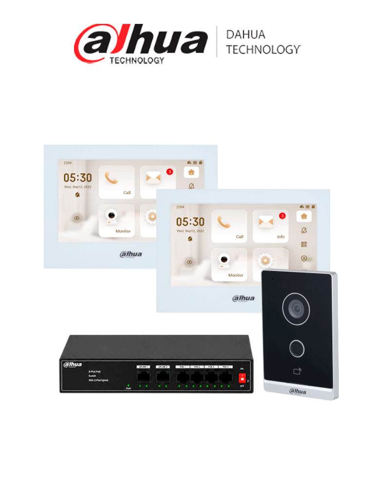 DAHUA KITVPIPWIFI01DH - Kit de Videoportero IP WiFi Dahua con 2 Monitores de 7 Frente de Calle y Switch PoE