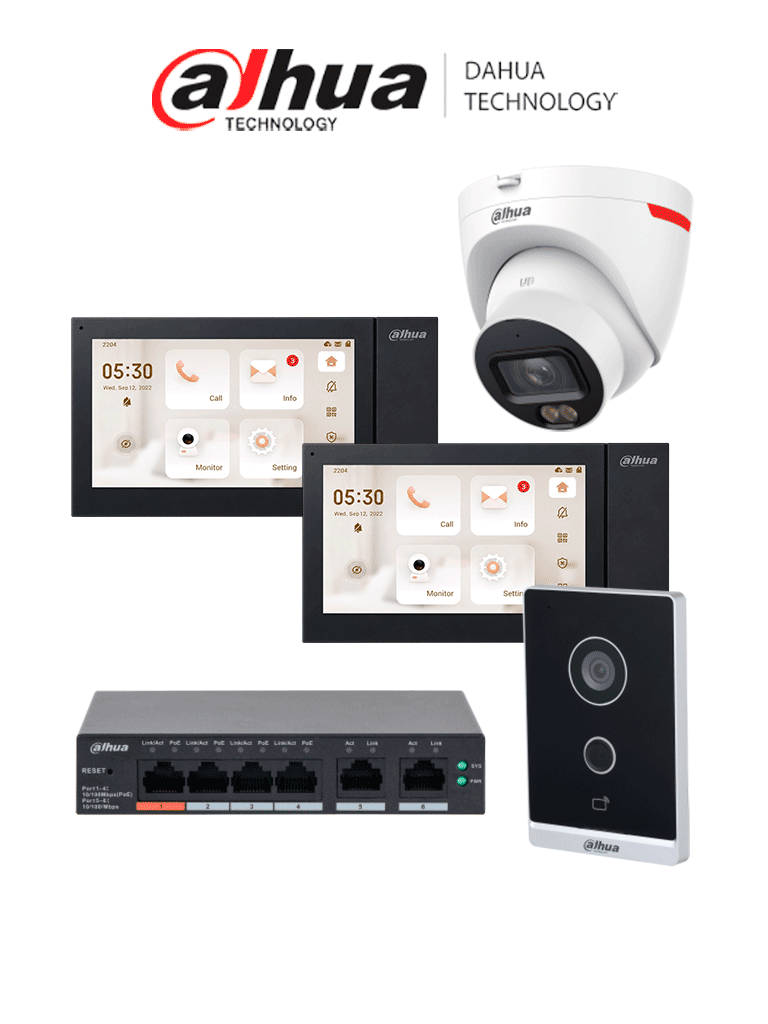DAHUA KITVPIP2MONCAMDH - Kit de Videoportero IP WiFi con 2 Monitores Cámara IP y Switch PoE