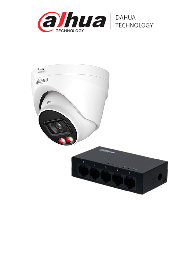 DAHUA PFS3005-5GT - Switch Gigabit de 5 Puertos No Administrable/ Capa 2/ 10/100/1000 Base-T/ Switching 10G/ DH-IPC-HDW1439V-A-IL Cámara IP Eyeball 4...