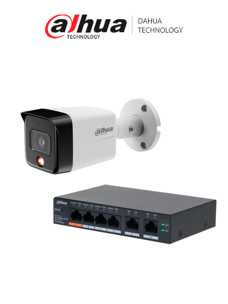 DAHUA DH-CS4006-4ET2ET-60 - 1 Switch PoE de 6 Puertos Administrable con 4 PoE y 2 uplink/65 W PoE/ DoLynk Care 1 IPC-HFW1839TC-A-IL Cámara IP Bullet 4...