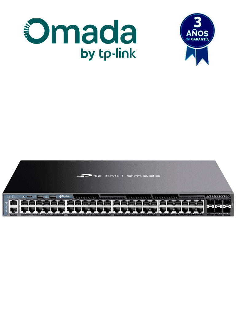 TP-LINK SG6654X- Switch Omada L3 Stackable de 48 puertos RJ45 Gigabit y 6 puertos SFP+ 10G , Stacking físico , Funciones L3 Enterprise. RIP, OSPF, ECMP, VRRP, PIM-DM, DHCP Server/Relay , Alta disponibilidad , VRRP y ERPS , Interfaz WEB , CLI , SNMP.