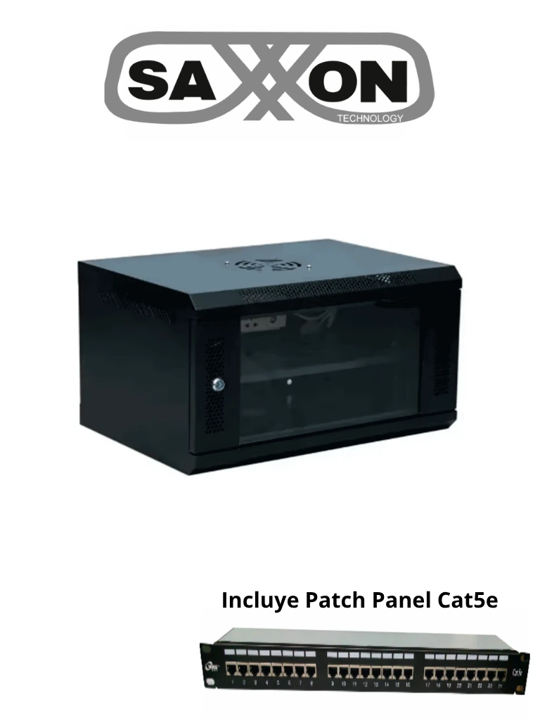 SAXXON SX-R6UP-6406S + OC5U8BBH24K - Gabinete de Pared 6UR con Puerta de Vidrio Templado y Patch Panel Cat 5e de 24 Puertos