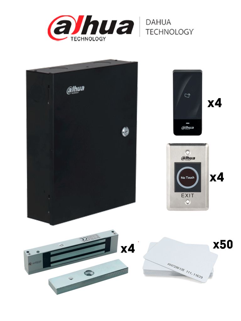 DAHUA DAHKITACC - Kit de Control de Acceso Para 4 Puertas con Lectoras Tarjetas ID Cerraduras Magnéticas y Botones sin Contacto