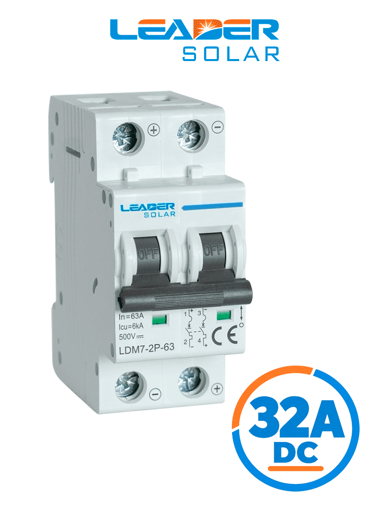 Interruptor Automático Corriente Directa 2 Polos 32 Amp / 500 VDC / Estándar IEC / Protección con sistema de disparo termomagnético / Montaje riel Din / Protección IP20 / -5 °C A +40°C