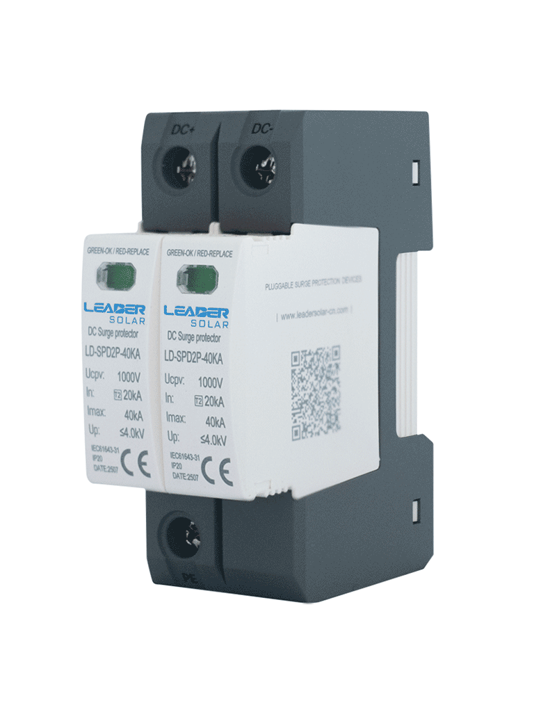 SPD de corriente continua diseñado para sistemas fotovoltaicos 40 kA 2 Polos / Montaje en riel Din / -40 °C a 80°C — LEADER SOLAR  — Accesorios de Instalación - vista 3