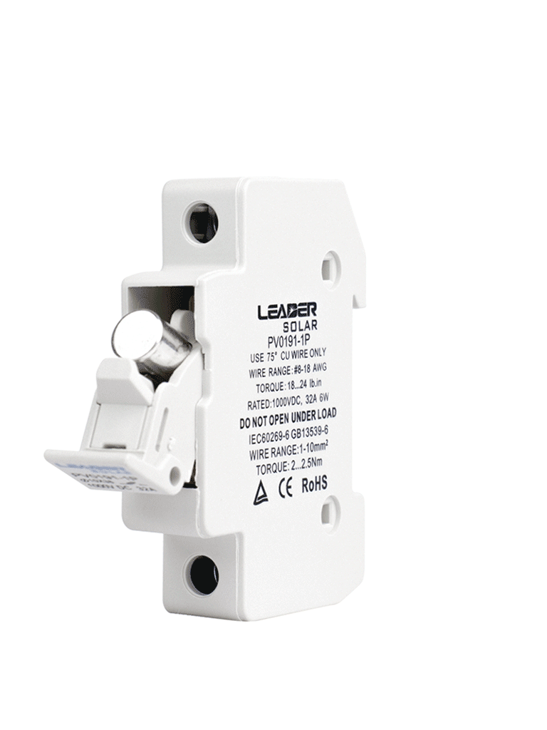 LEADER Portafusible Fotovoltaico PV0191-1P / 1000 VDC / 32 A / Montaje en riel DIN / Compatible con fusibles 10x38 mm / temperatura de -5°C a +40°C — LEADER SOLAR  — Accesorios de Instalación - vista 4