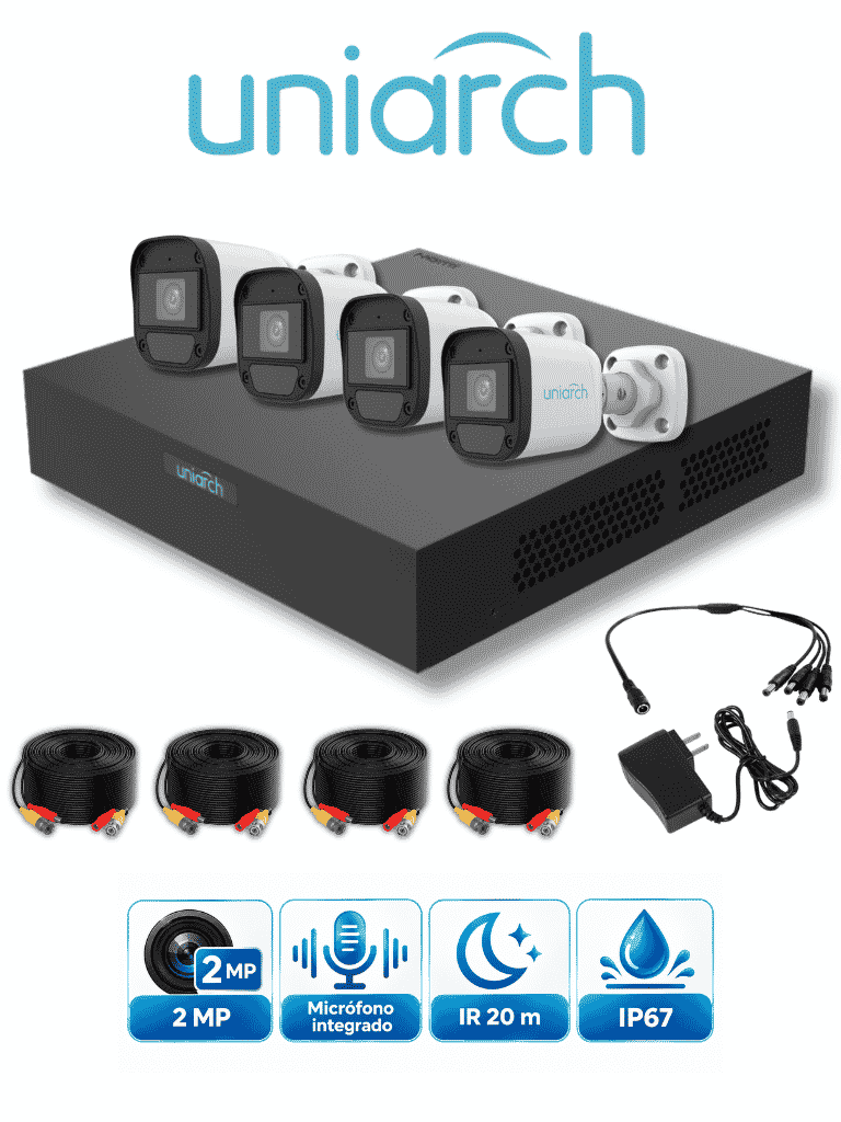 PAQ UNIARCH - 4 CANALES DE VIDEO / XVR104F/ UAC-B112-AF28 / 4 CH BNC 2 CH IP / 1 SATA 6 TB / AUDIO TVI/ 24 MBPS / ULTRA265/H.265/ CAMARA BULLET UAC-B112-AF28 / 2MP / AHD/TVI/CVI/CVBS /2.8mm / MICROFONO-INTEGRADO/ IR 20M/ DWDR/ IP67/ - Código: XVR-104F/ UAC-B112-AF28 | Compra en Guadalajara